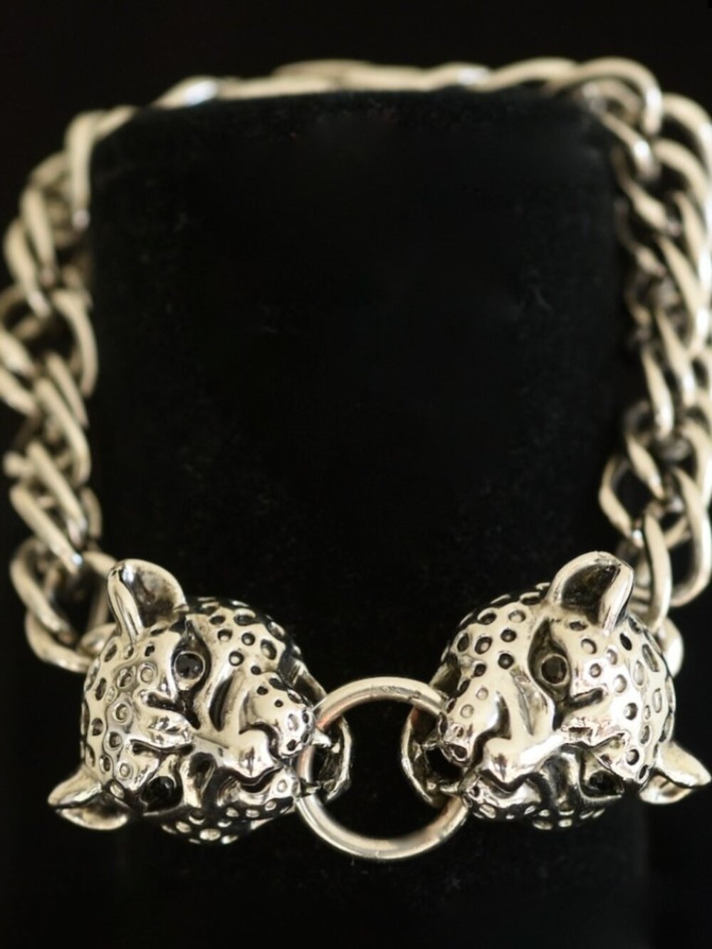 Vintage Silver Metal Leopard Head Bracelet - Unsigned